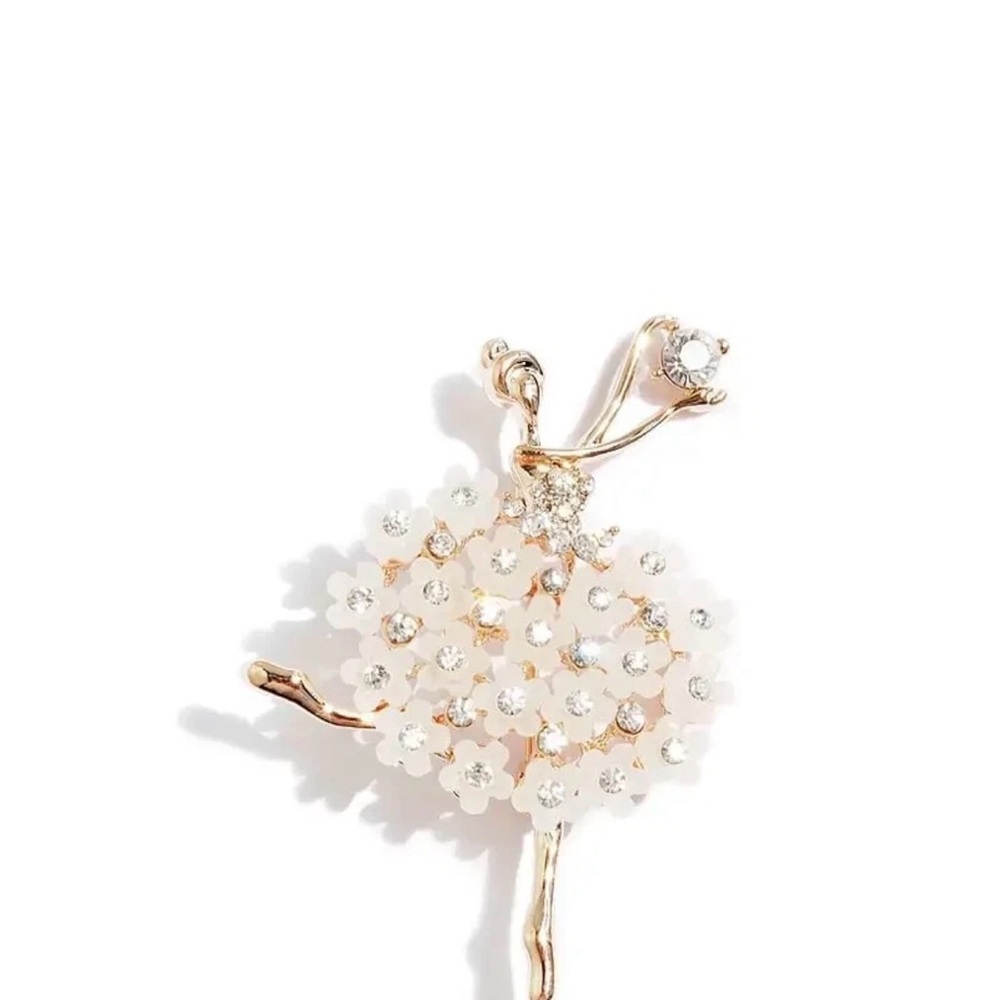 Delicate White Crystal Floral Ballet Dancer Brooch - Gold Tone